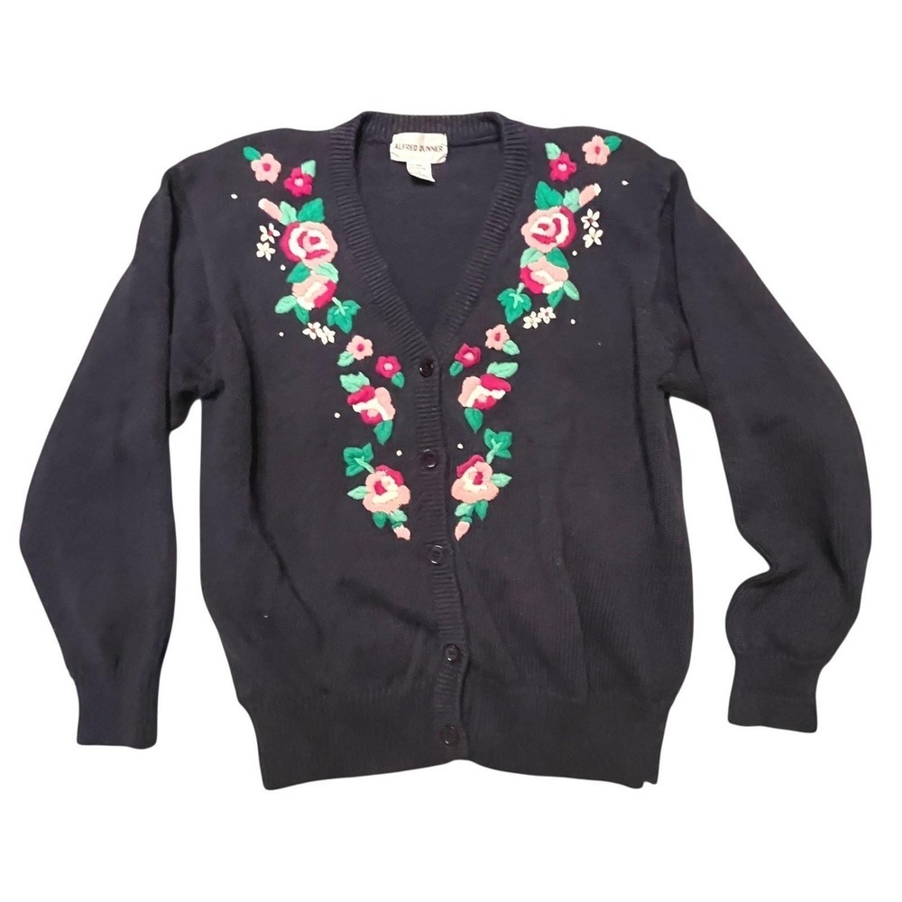 Grannycore Navy Blue Floral Embroidered Cardigan Sweater Small Gardencore Knit